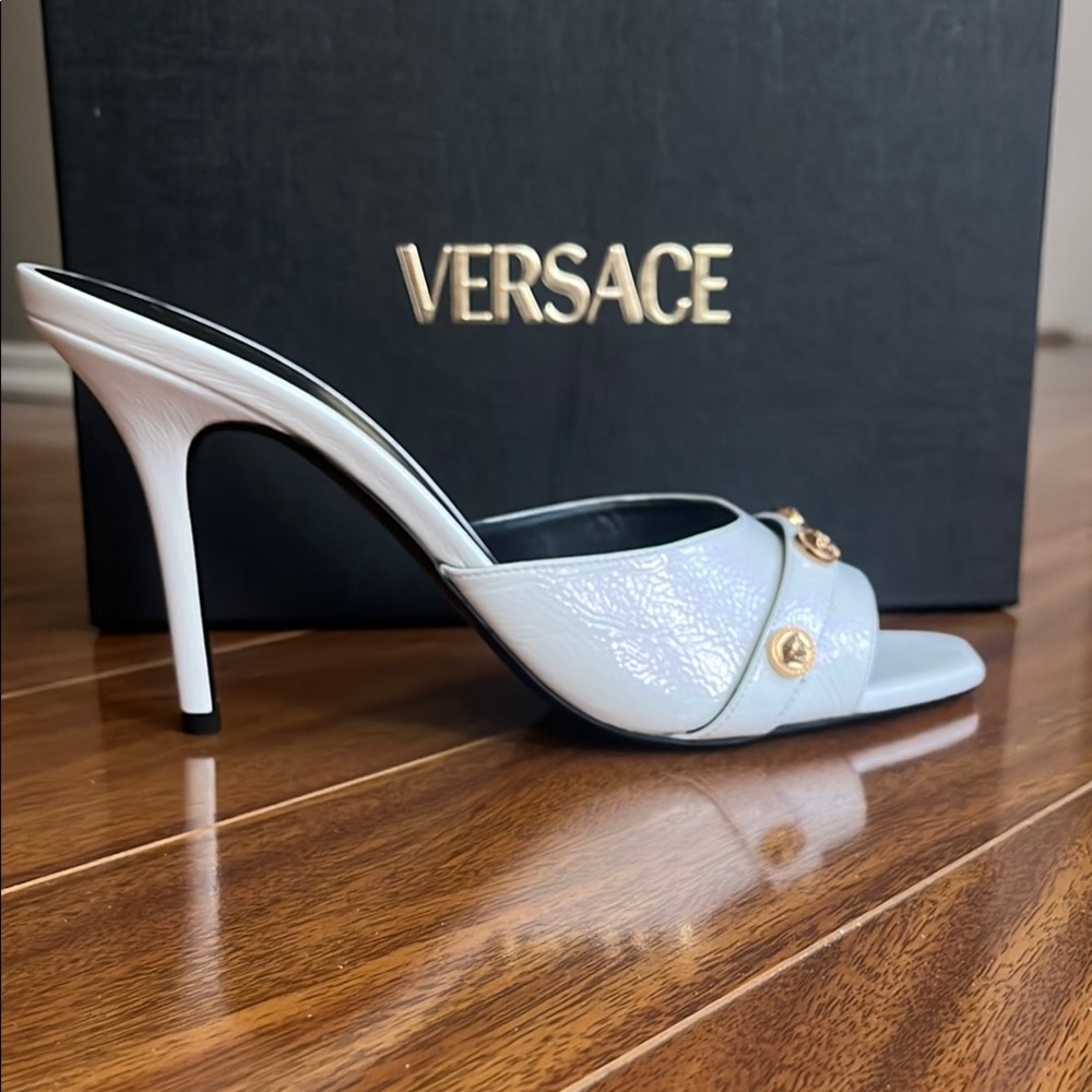 Versace White Leather Gold Medusa-Button Mules - Picture 3 of 7